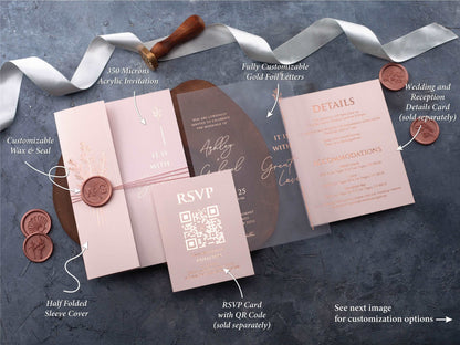 Blush Pink and Rose Gold Acrylic Invitation with Folded Jacket