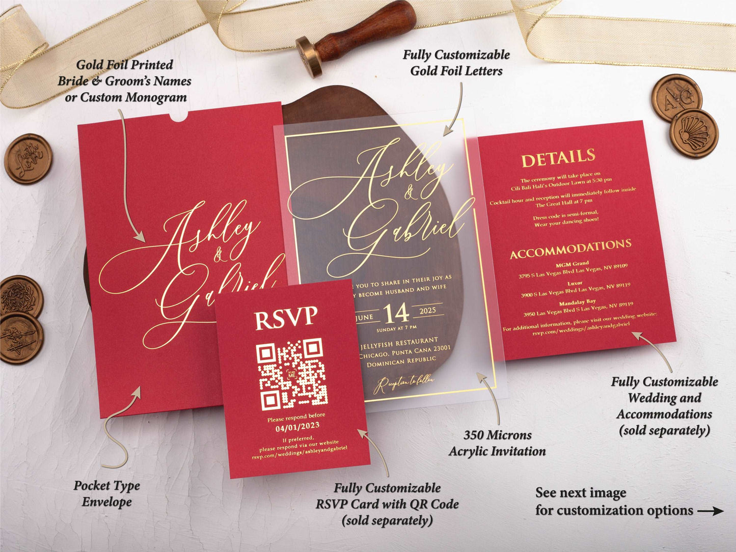 Acrylic Wedding Invitation with Red Envelope and Gold Foil Print