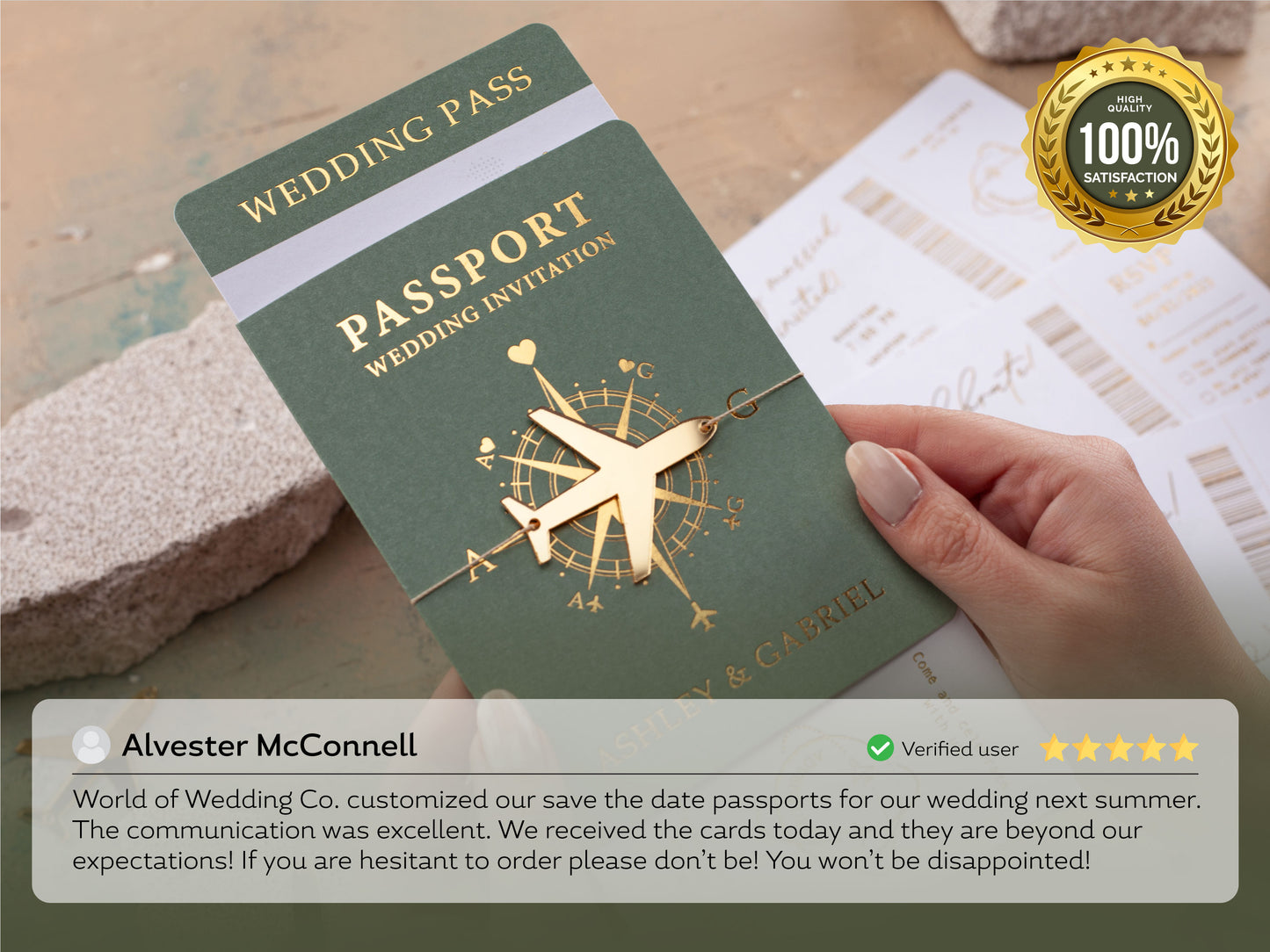 Sage Green Passport Wedding Invitation with Gold Letters