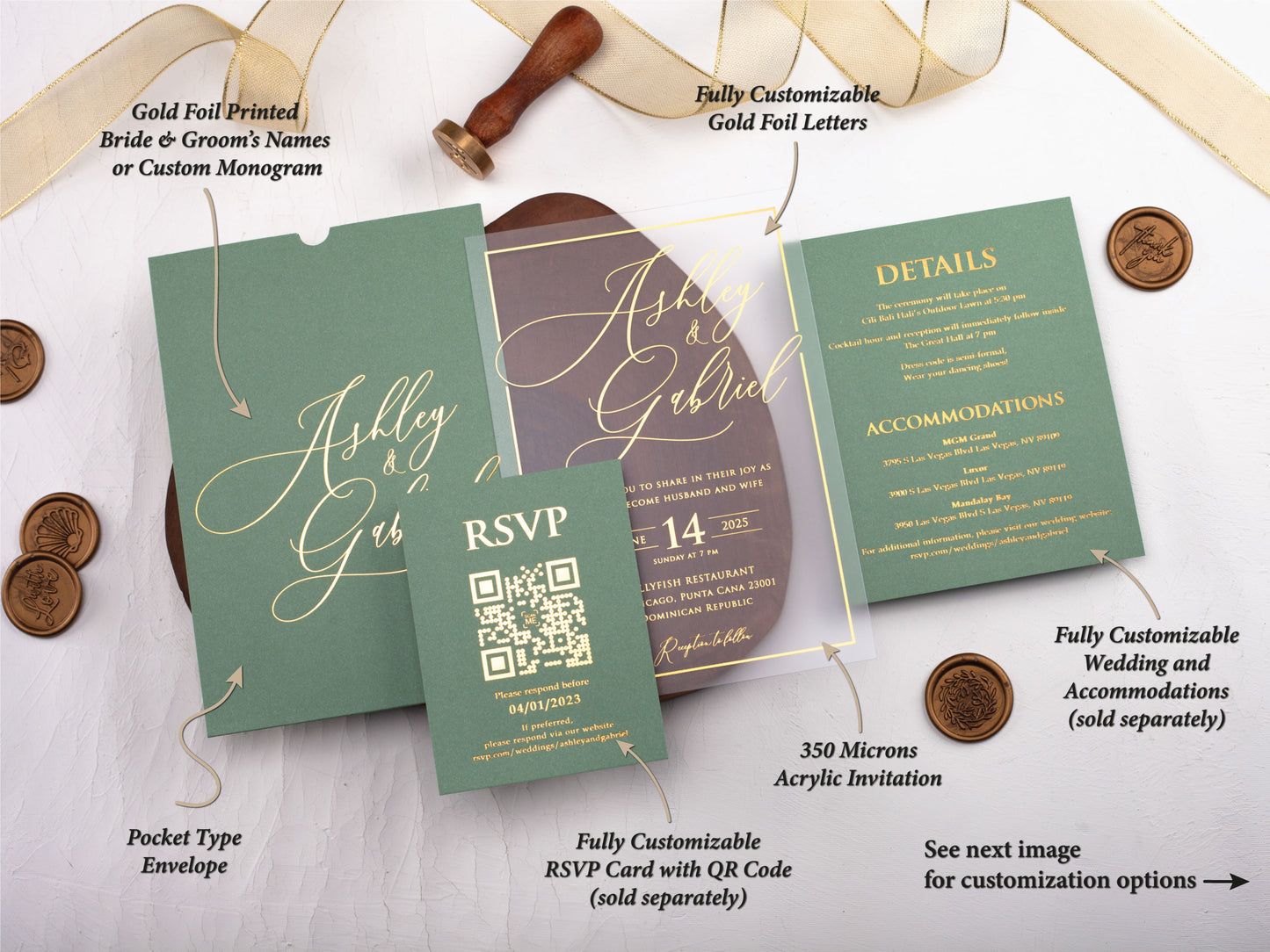 Sage Green and Gold Acrylic Wedding Invitation