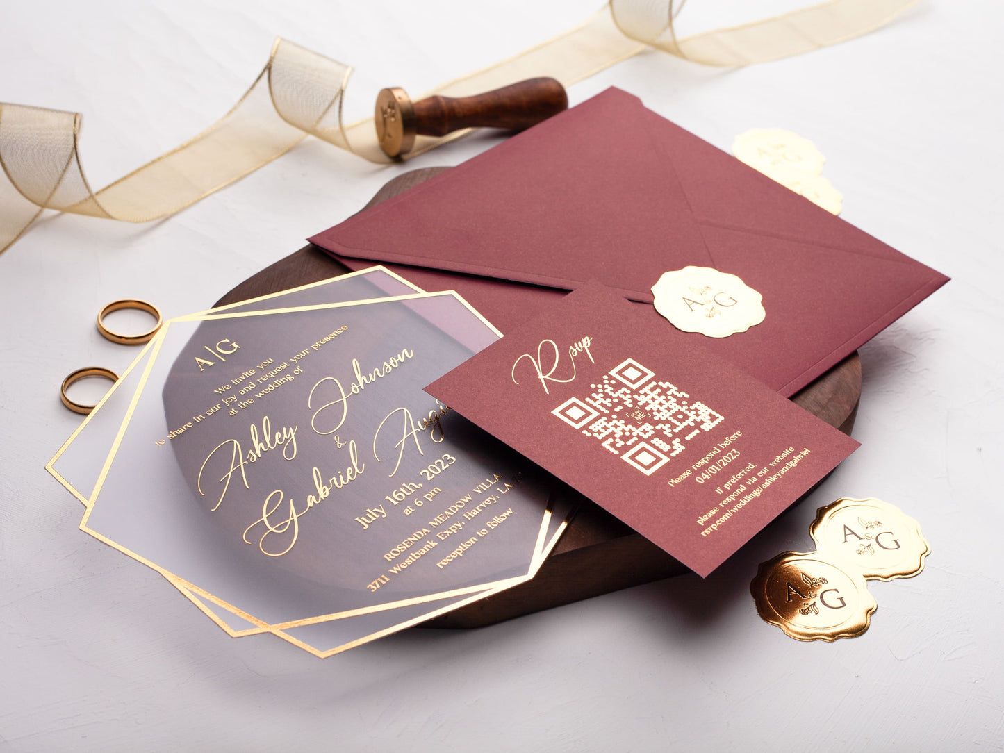 Acrylic Wedding Invitation with Gold Foil and Burgundy Envelope