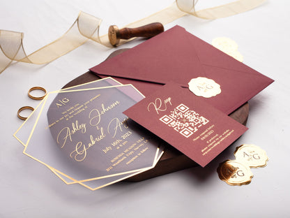 Acrylic Wedding Invitation with Gold Foil and Burgundy Envelope