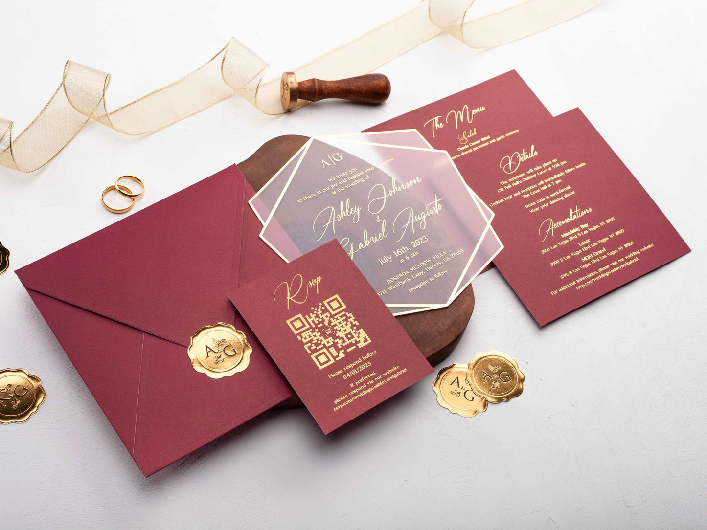 Acrylic Wedding Invitation with Gold Foil and Burgundy Envelope