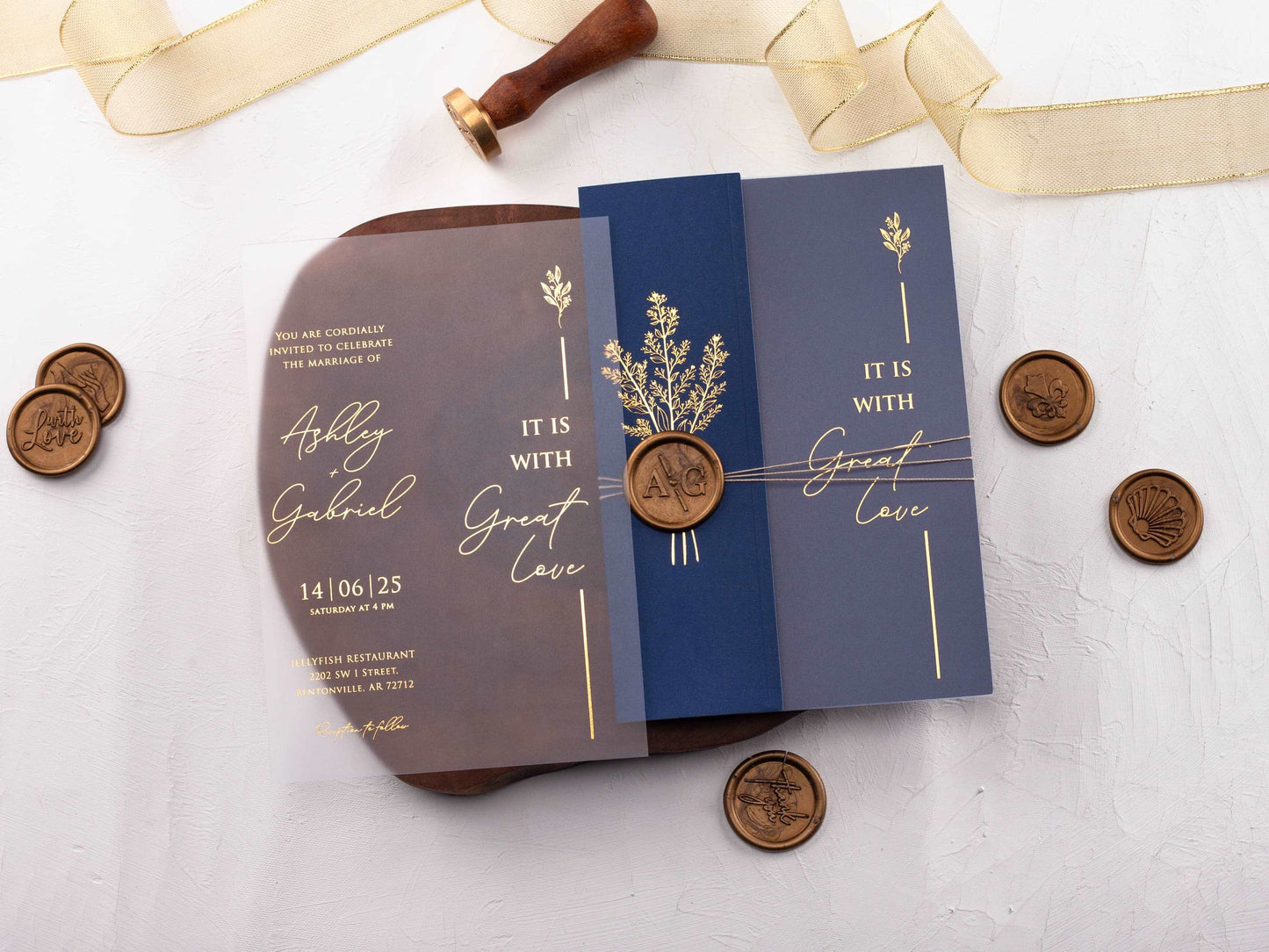 Acrylic Invitation with Navy Blue Folded Jacket and Gold Foil