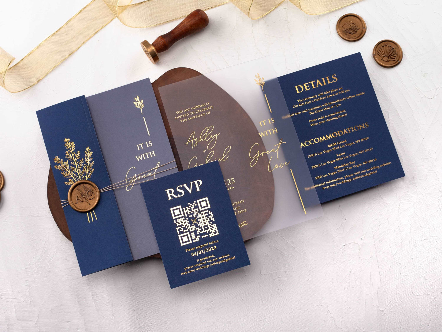 Acrylic Invitation with Navy Blue Folded Jacket and Gold Foil