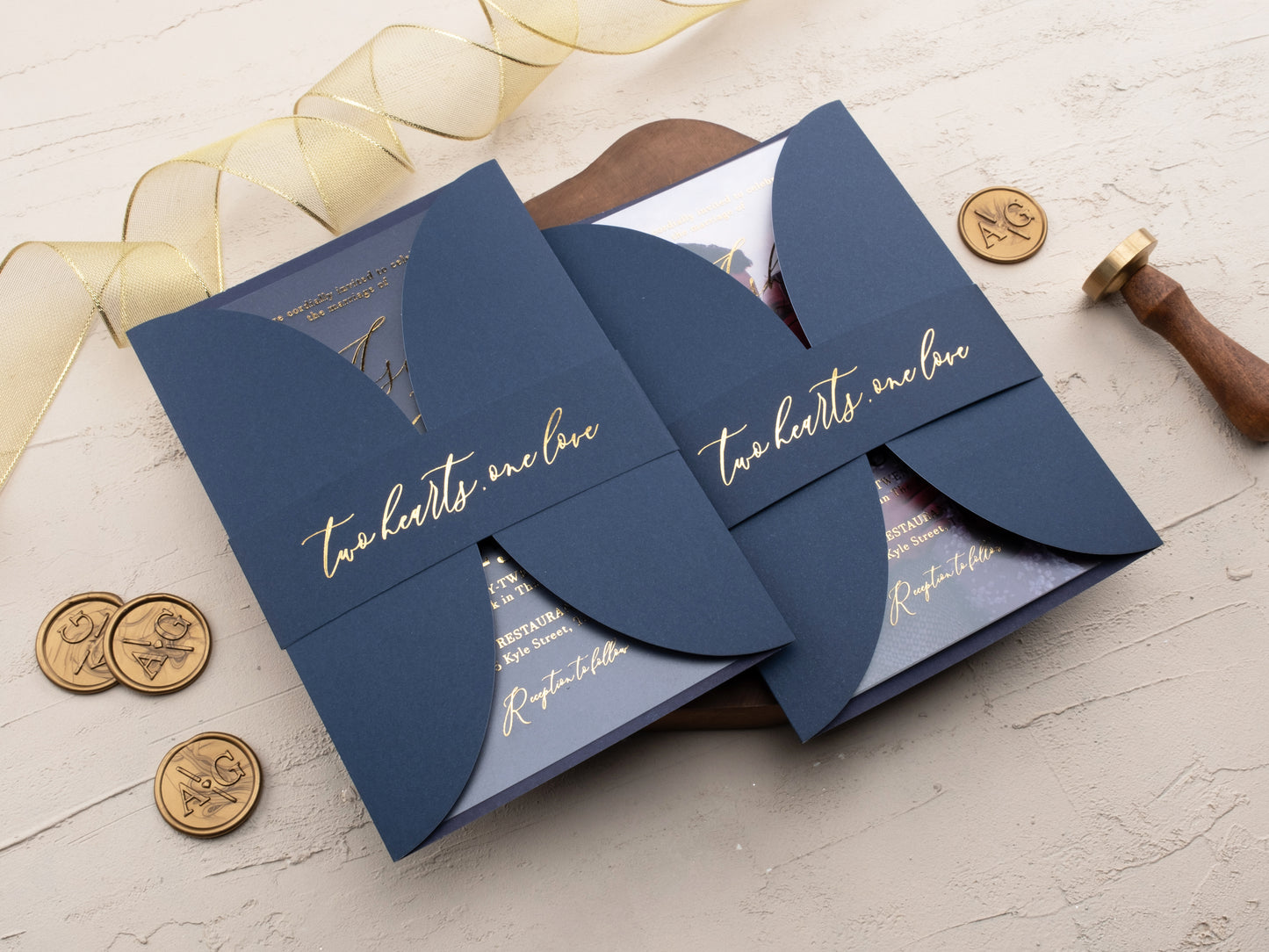 Acrylic Wedding Invitation with Gold Foil and Navy Blue Gatefold Jacket