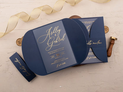 Acrylic Wedding Invitation with Gold Foil and Navy Blue Gatefold Jacket