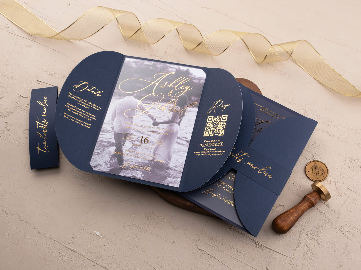 Acrylic Wedding Invitation with Gold Foil and Navy Blue Gatefold Jacket