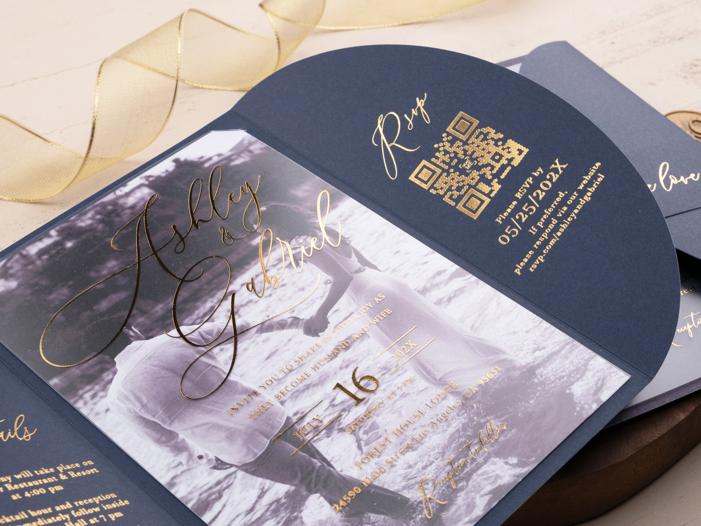 Acrylic Wedding Invitation with Gold Foil and Navy Blue Gatefold Jacket