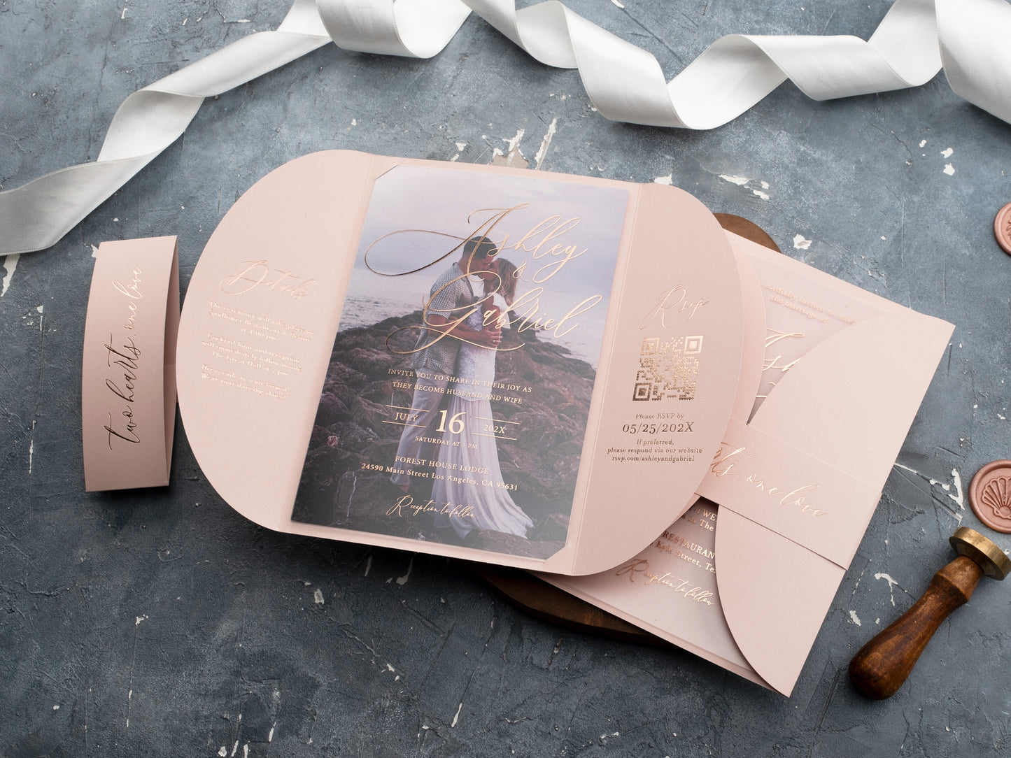 Acrylic Invitation with Rose Gold Foil and Blush Pink Gatefold Jacket