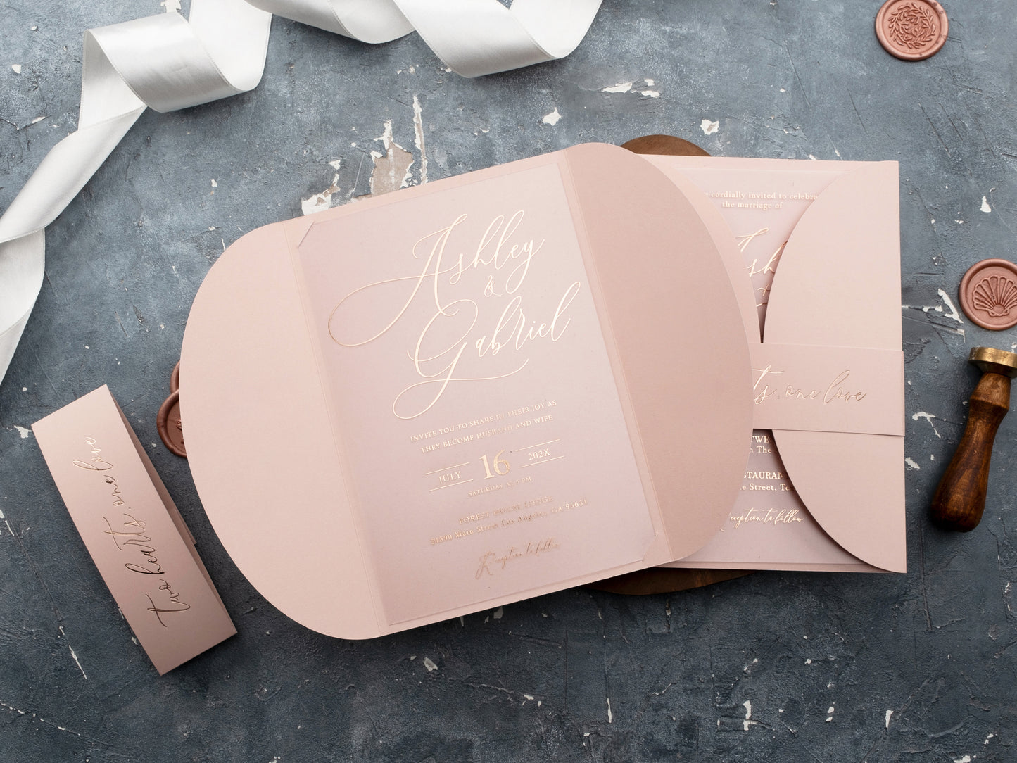 Acrylic Invitation with Rose Gold Foil and Blush Pink Gatefold Jacket