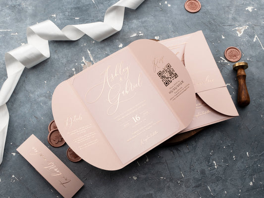 Acrylic Invitation with Rose Gold Foil and Blush Pink Gatefold Jacket