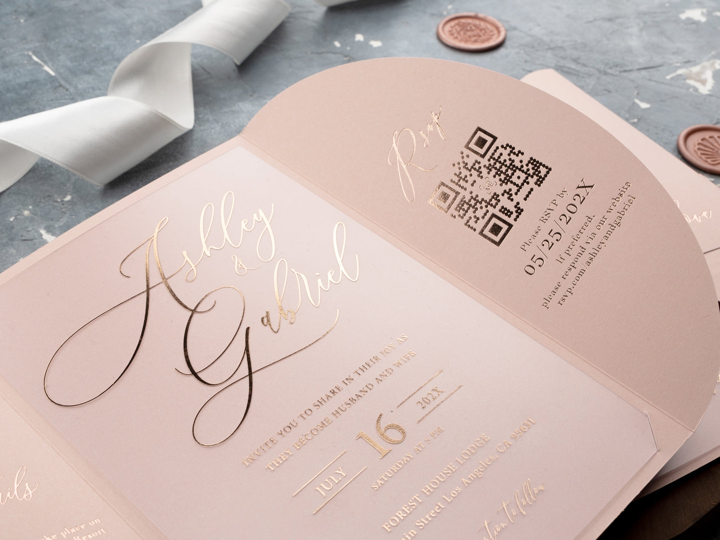 Acrylic Invitation with Rose Gold Foil and Blush Pink Gatefold Jacket