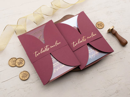 Elegant Acrylic Wedding Invitation with Gold Foil and Burgundy Gatefold Jacket