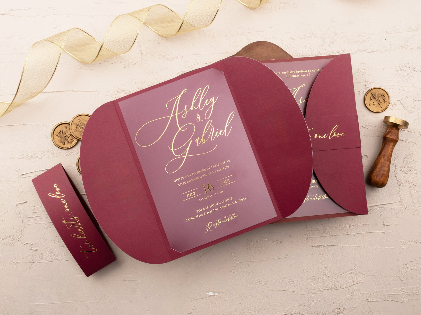 Elegant Acrylic Wedding Invitation with Gold Foil and Burgundy Gatefold Jacket