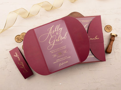 Elegant Acrylic Wedding Invitation with Gold Foil and Burgundy Gatefold Jacket