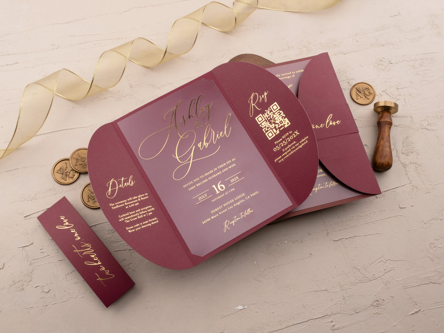 Elegant Acrylic Wedding Invitation with Gold Foil and Burgundy Gatefold Jacket