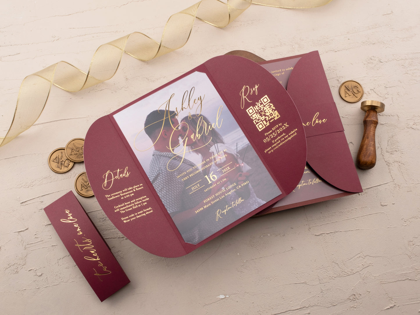 Elegant Acrylic Wedding Invitation with Gold Foil and Burgundy Gatefold Jacket