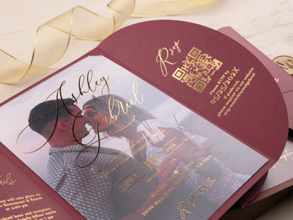 Elegant Acrylic Wedding Invitation with Gold Foil and Burgundy Gatefold Jacket