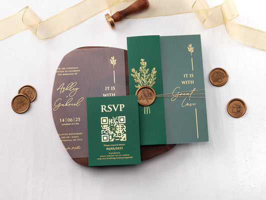 Emerald Green Folded Jacket with Gold Foil Printed Acrylic Invitation