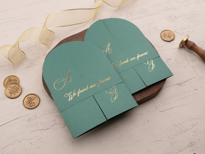 Arch Acrylic Invitation with Gold Foil Lettering and Emerald Green Gatefold Jacket