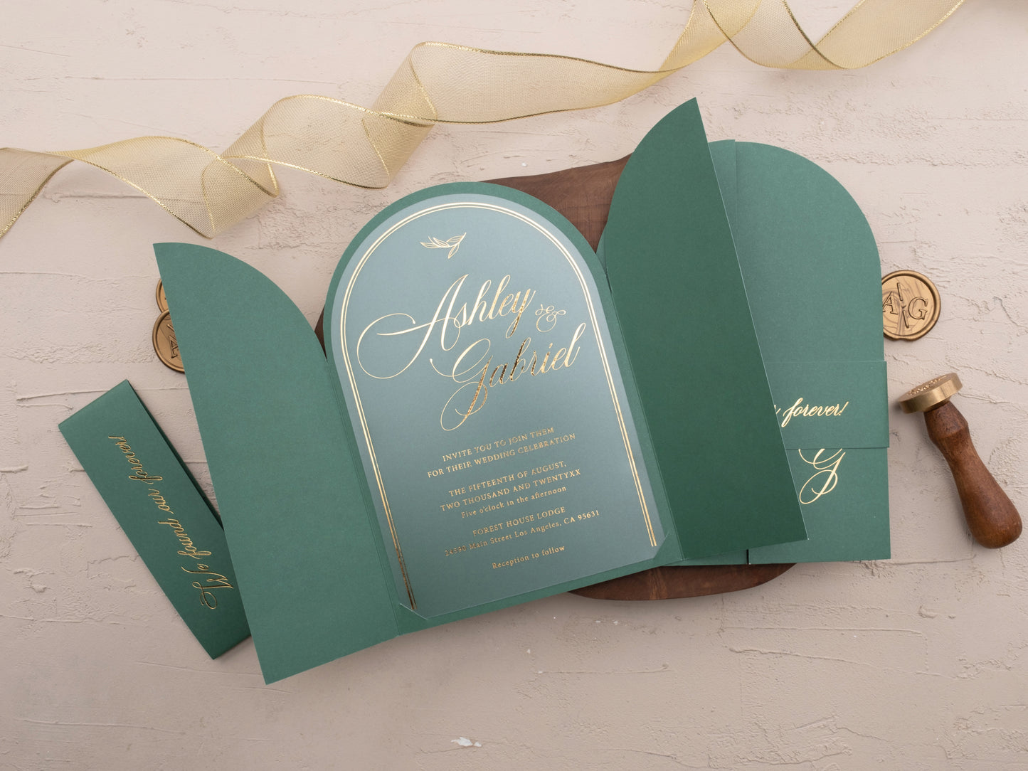 Arch Acrylic Invitation with Gold Foil Lettering and Emerald Green Gatefold Jacket