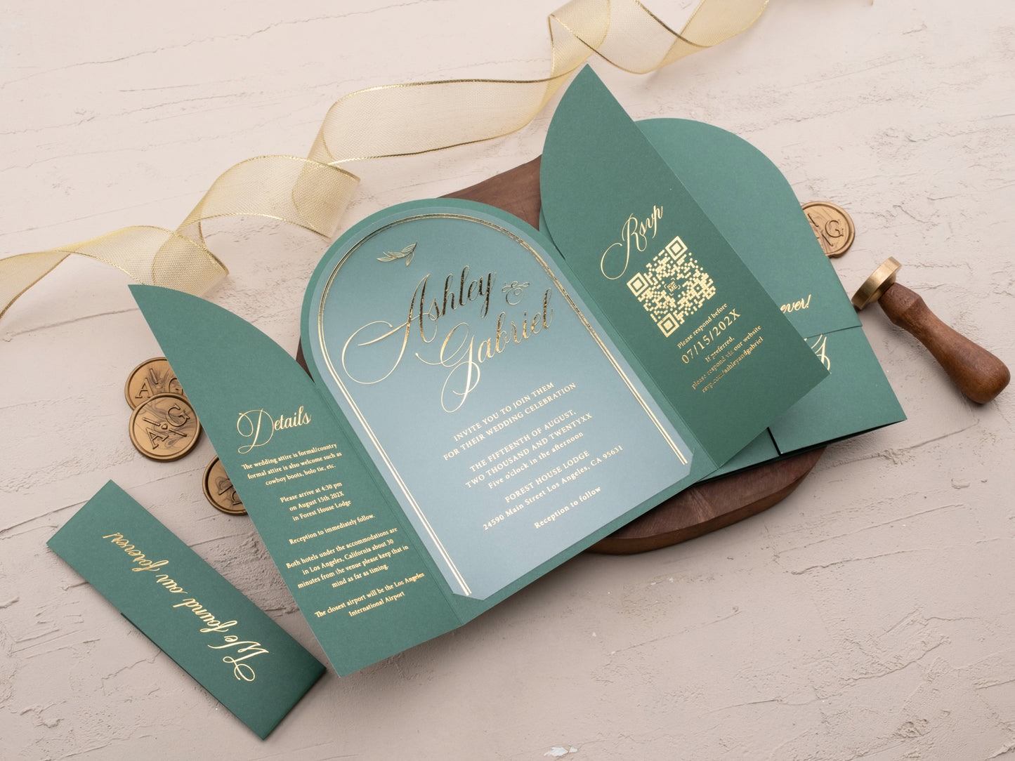 Arch Acrylic Invitation with Gold Foil Lettering and Emerald Green Gatefold Jacket