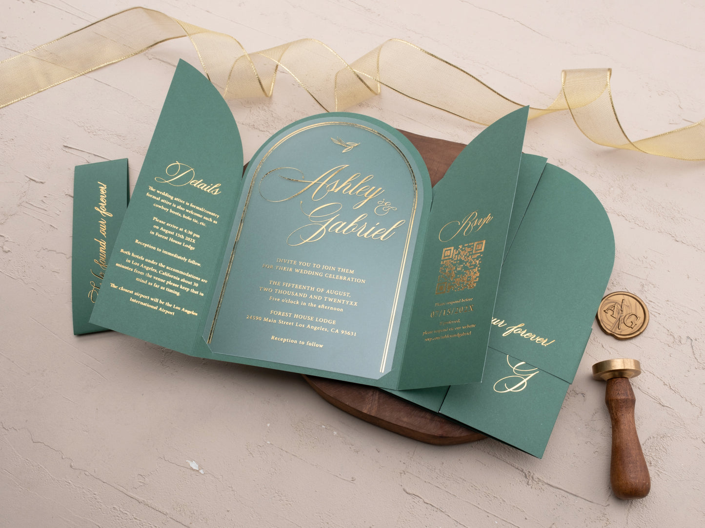 Arch Acrylic Invitation with Gold Foil Lettering and Emerald Green Gatefold Jacket