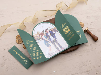 Arch Acrylic Invitation with Gold Foil Lettering and Emerald Green Gatefold Jacket