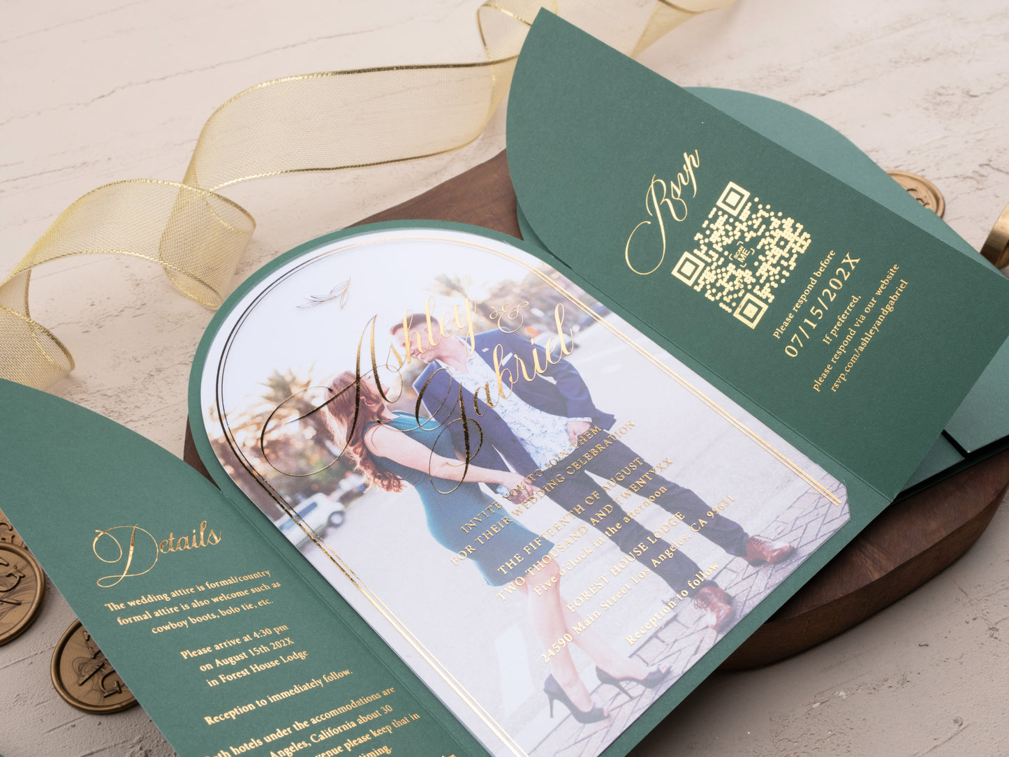 Arch Acrylic Invitation with Gold Foil Lettering and Emerald Green Gatefold Jacket