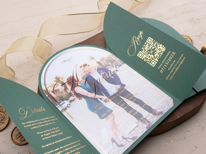 Arch Acrylic Invitation with Gold Foil Lettering and Emerald Green Gatefold Jacket