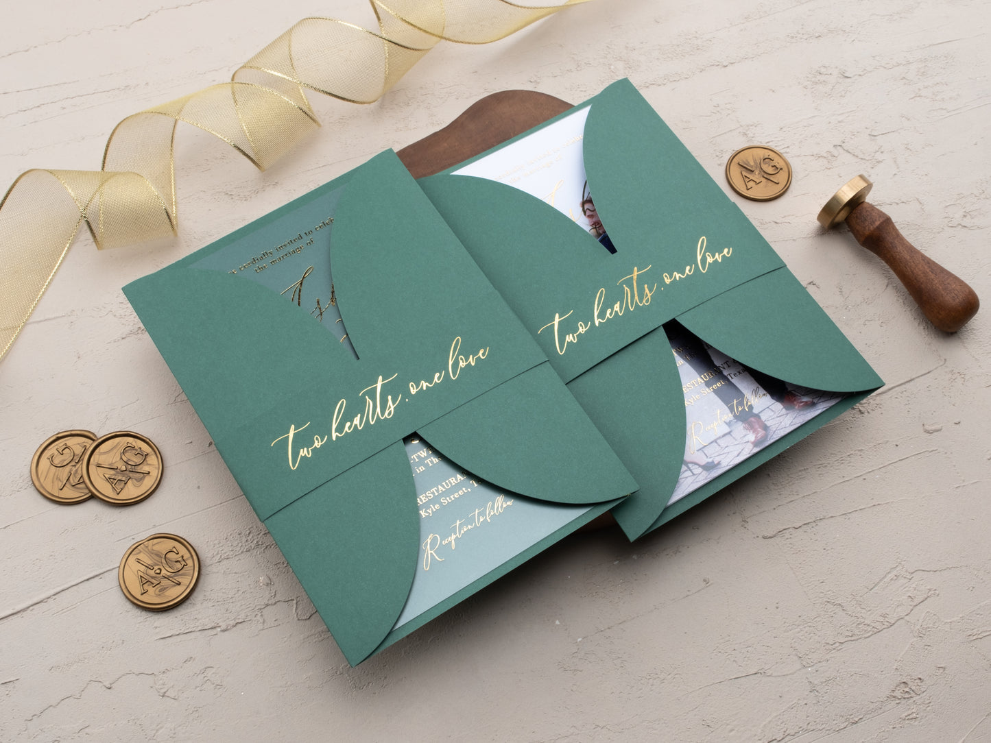 Acrylic Wedding Invitation with Gold Foil and Emerald Green Gatefold Jacket