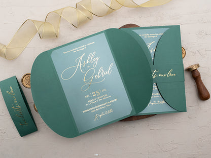 Acrylic Wedding Invitation with Gold Foil and Emerald Green Gatefold Jacket