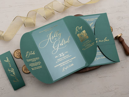 Acrylic Wedding Invitation with Gold Foil and Emerald Green Gatefold Jacket