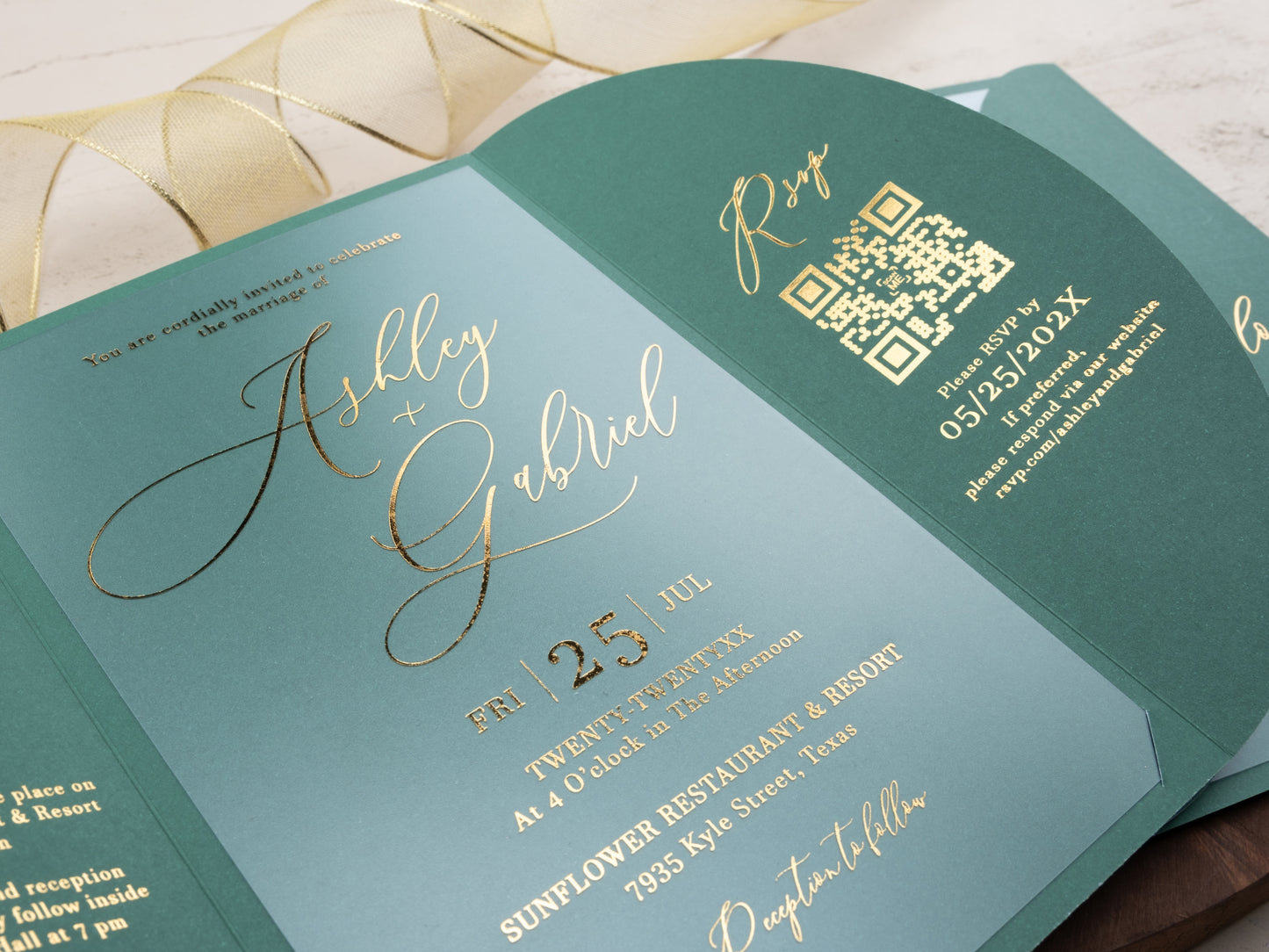 Acrylic Wedding Invitation with Gold Foil and Emerald Green Gatefold Jacket