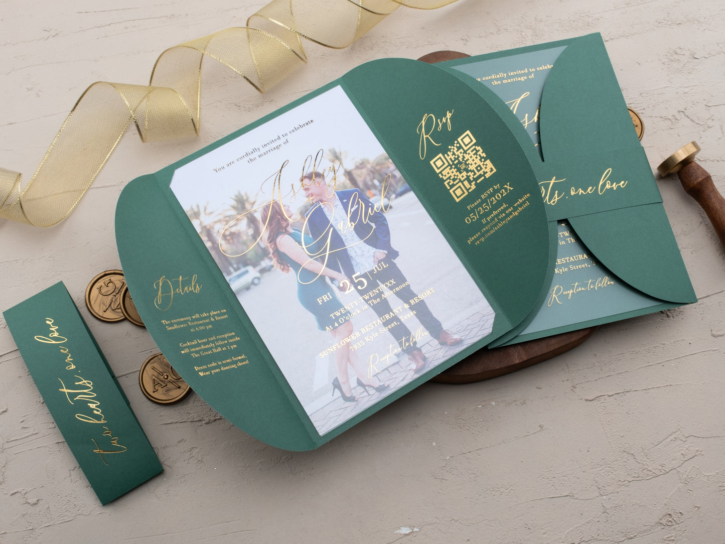 Acrylic Wedding Invitation with Gold Foil and Emerald Green Gatefold Jacket