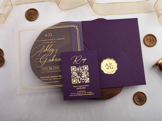 Acrylic Wedding Invitation with Gold Foil and Purple Envelope