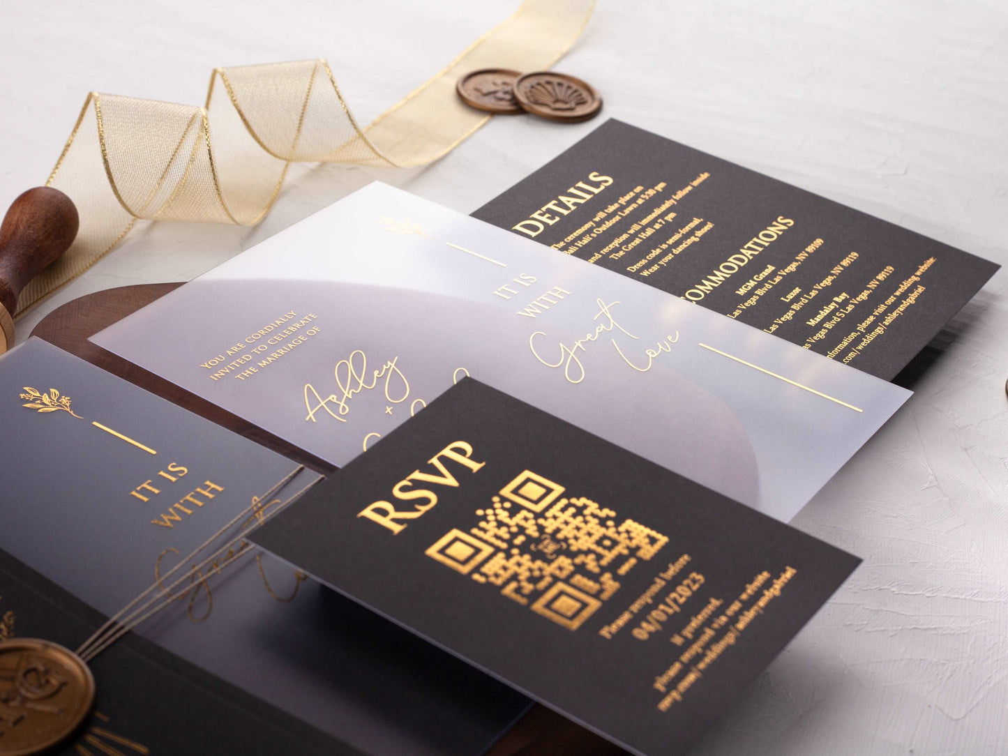 Acrylic Wedding Invitation with Gold Foil and Black Folded Jacket