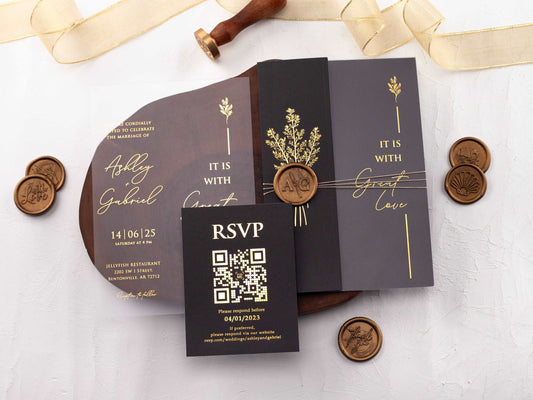 Acrylic Wedding Invitation with Gold Foil and Black Folded Jacket