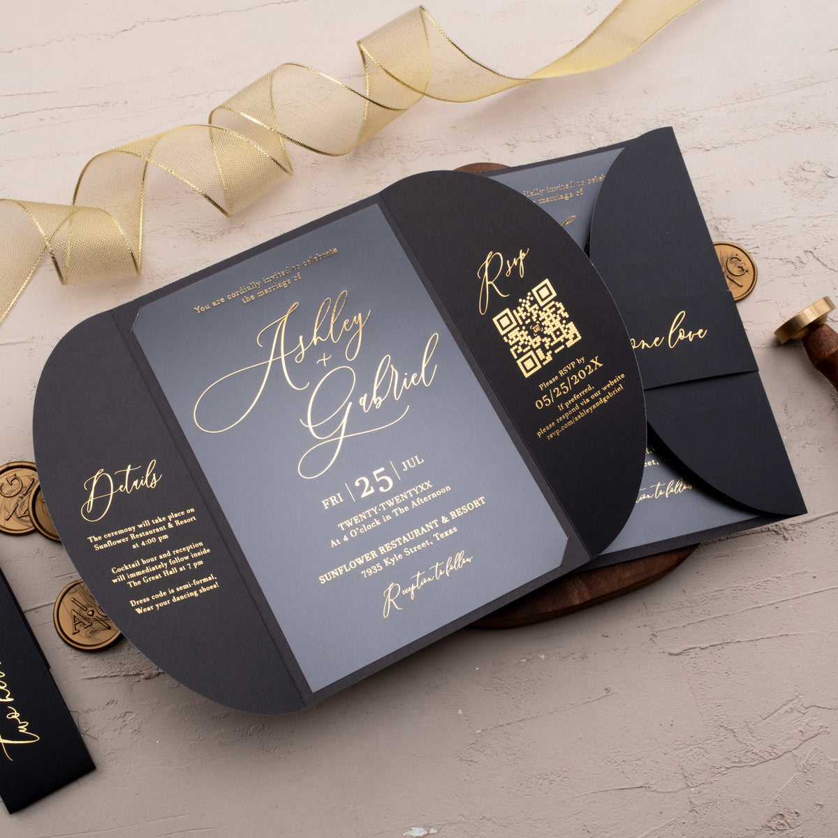 Luxury Acrylic Wedding Invitation with Gold Foil and Black Gatefold Ja