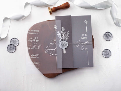 Gray Folded Jacket with Silver Foil Printed Acrylic Invitation