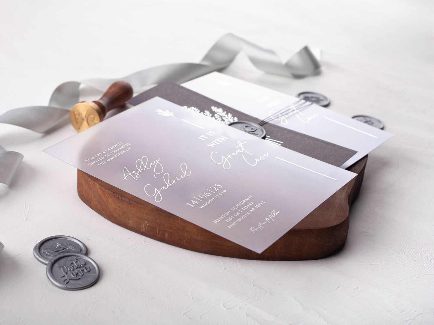 Gray Folded Jacket with Silver Foil Printed Acrylic Invitation