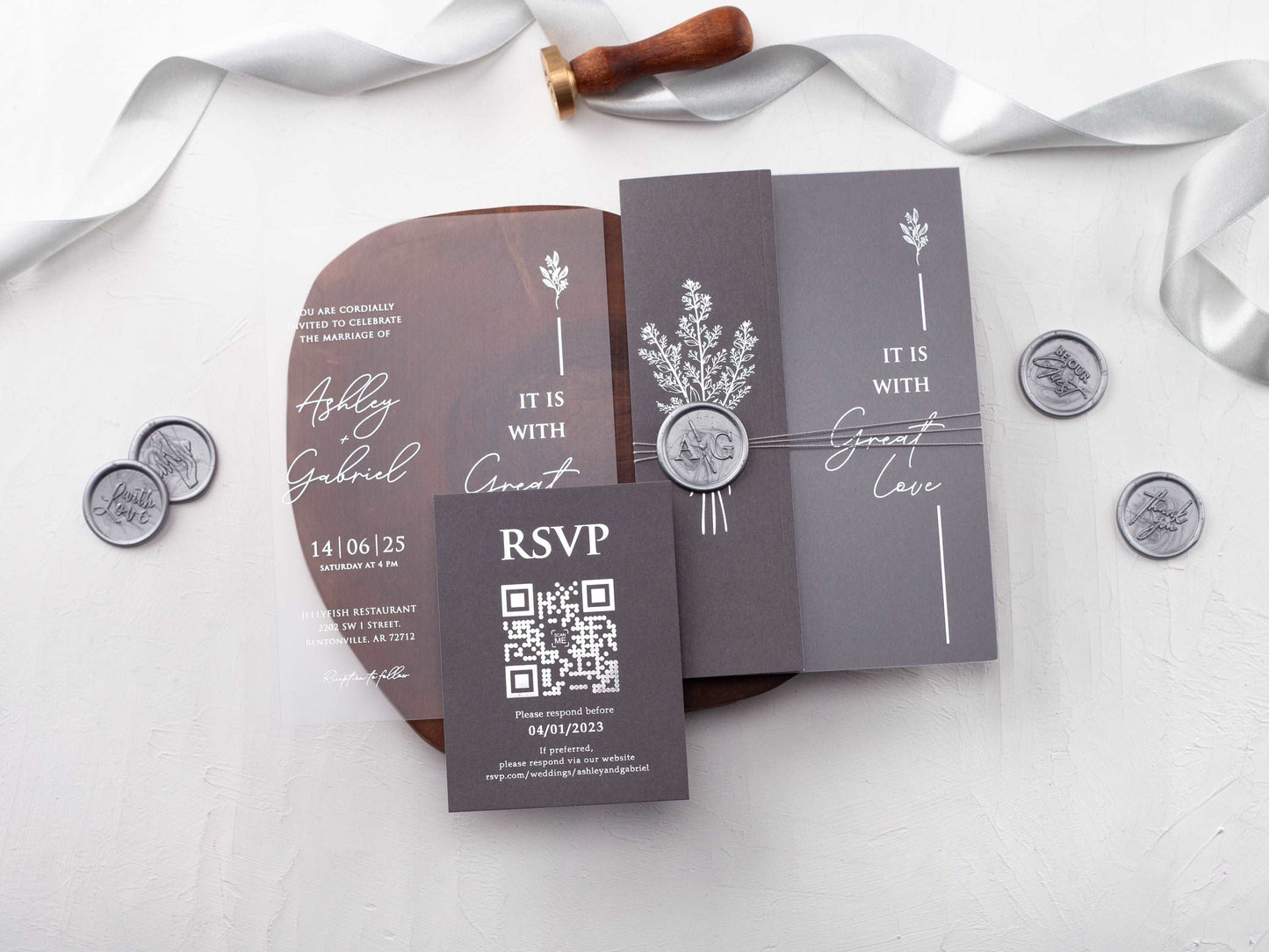 Gray Folded Jacket with Silver Foil Printed Acrylic Invitation