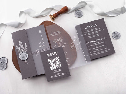 Gray Folded Jacket with Silver Foil Printed Acrylic Invitation