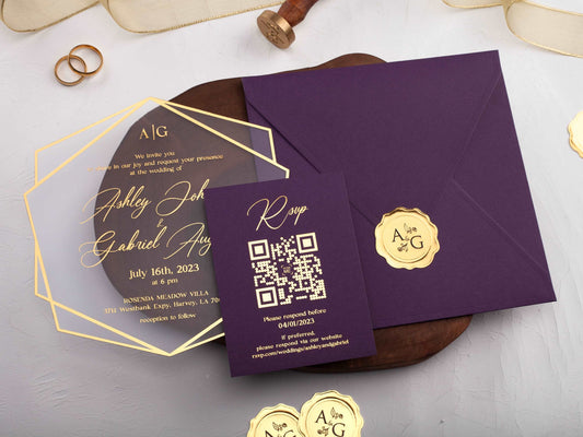 Acrylic Wedding Invitation with Purple Envelope and Gold Foil