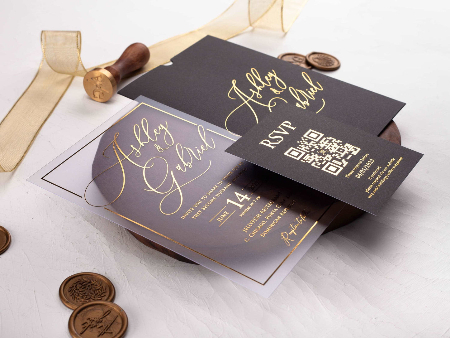 Gold Foil Printed Acrylic Invitation with Black Sleeve Envelope