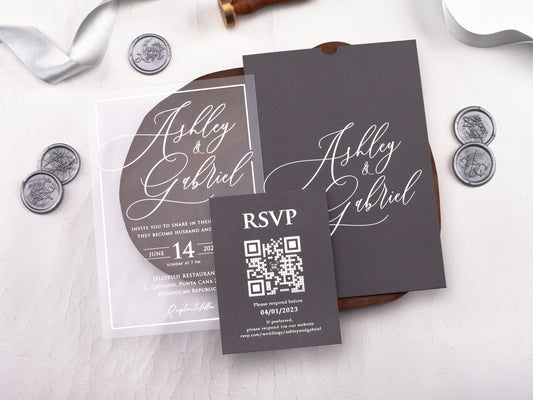 Acrylic Wedding Invitation with Silver Foil Print and Gray Envelope