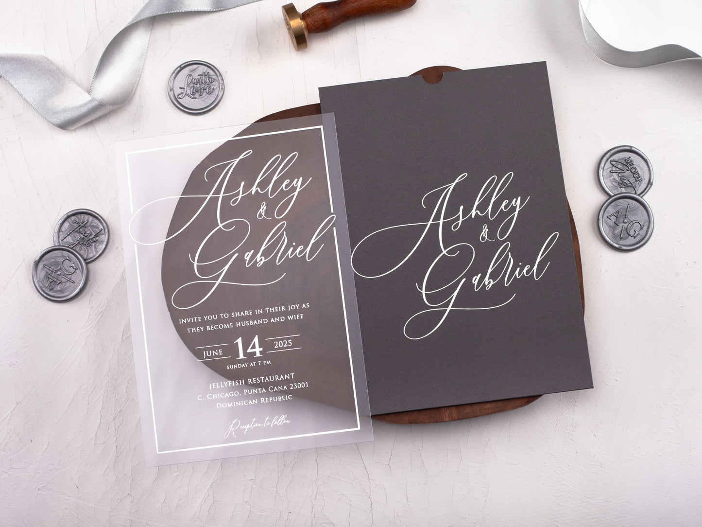 Acrylic Wedding Invitation with Silver Foil Print and Gray Envelope