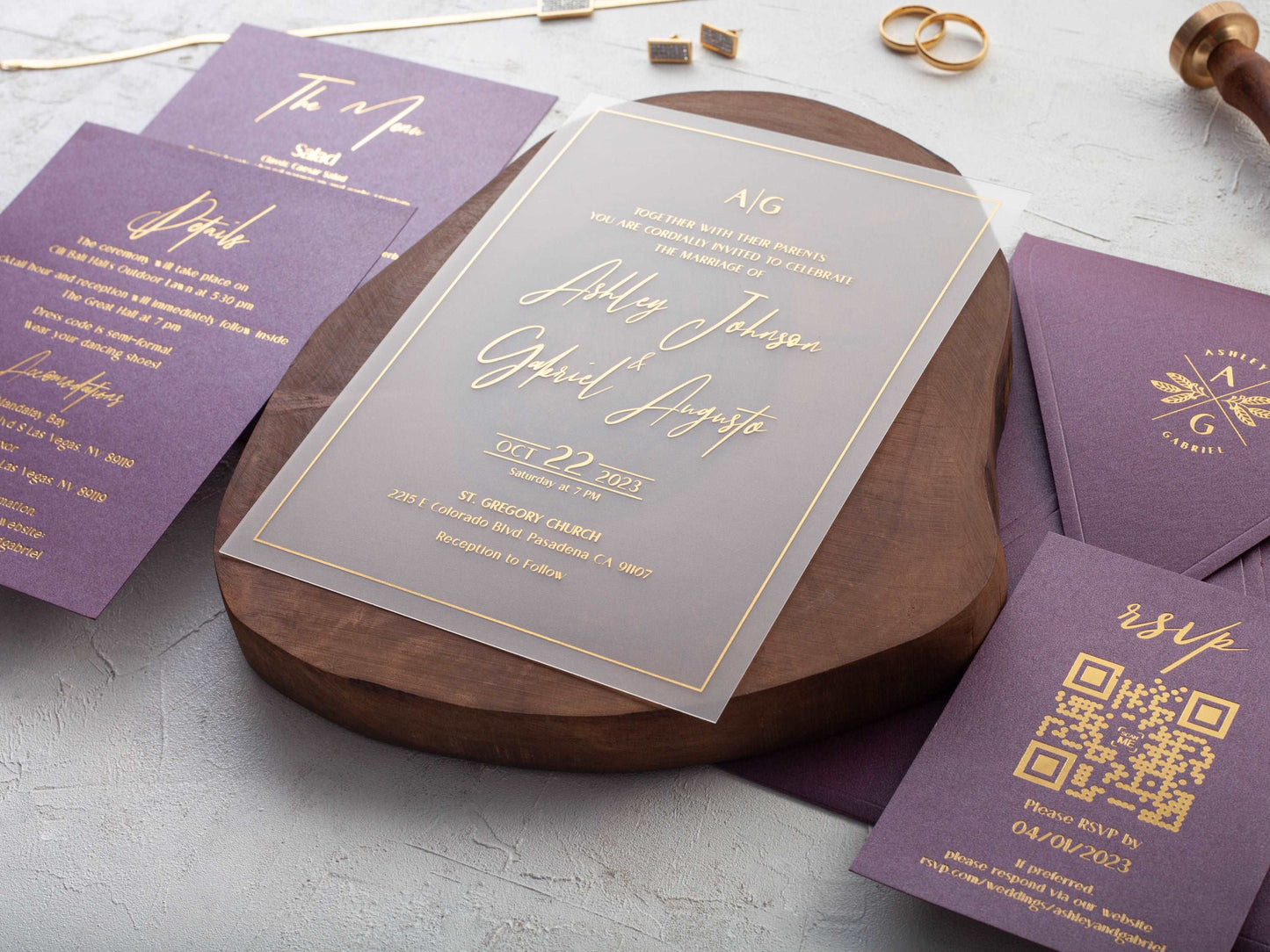 Elegant Gold Foil Printed Acrylic Wedding Invitation with Purple Envelope