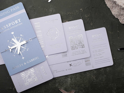 Baby Blue Boarding Pass Wedding Invitation with Silver Foil